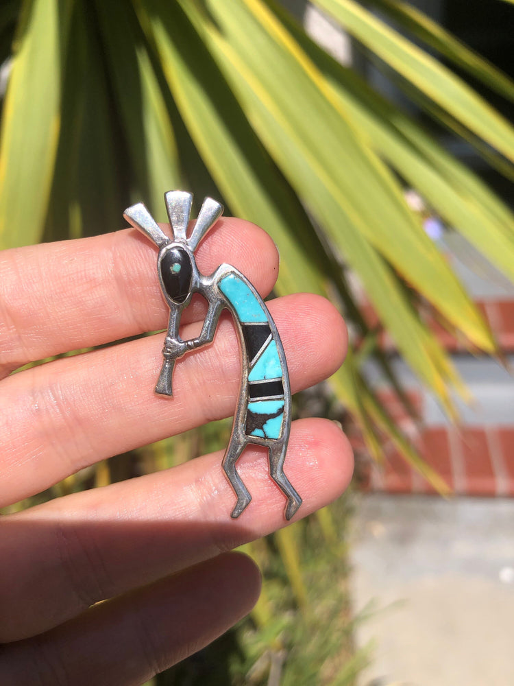 Vintage Native American Indian turquoise black onyx inlaid pendant 4 necklace Kokopelli sterling silver spirit dancer