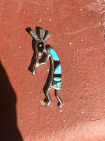 Vintage Native American Indian turquoise black onyx inlaid pendant 4 necklace Kokopelli sterling silver spirit dancer
