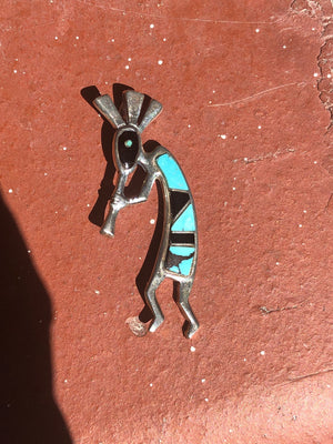 Vintage Native American Indian turquoise black onyx inlaid pendant 4 necklace Kokopelli sterling silver spirit dancer