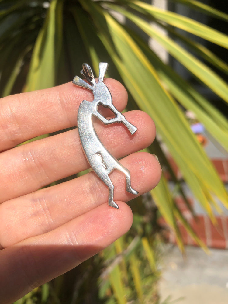 Vintage Native American Indian turquoise black onyx inlaid pendant 4 necklace Kokopelli sterling silver spirit dancer