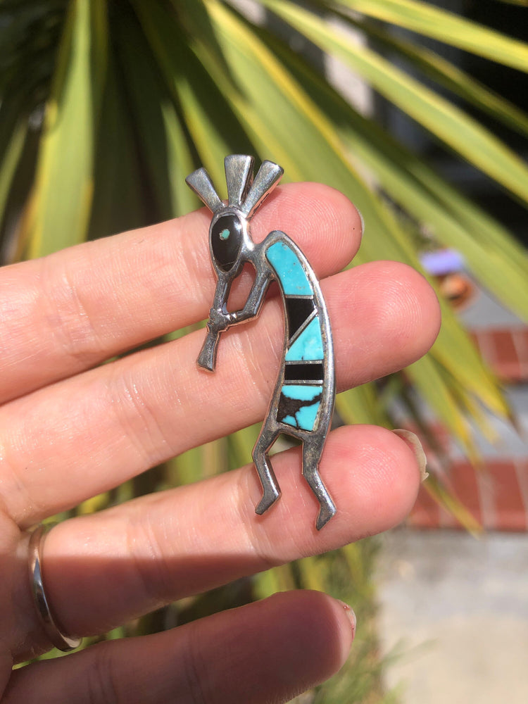 Vintage Native American Indian turquoise black onyx inlaid pendant 4 necklace Kokopelli sterling silver spirit dancer