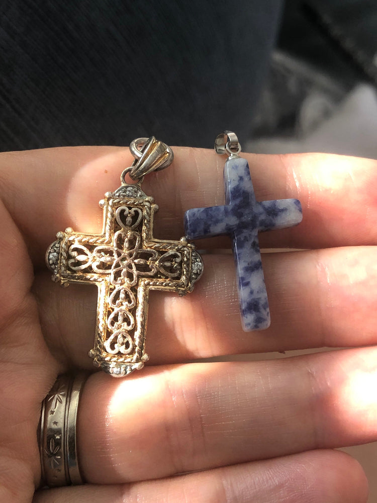 Vintage Lot of 2 crosses crucifixes pendants for necklace sterling silver Gold Vermeil cz 925 sodalite gemstone Free shipping