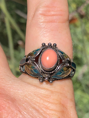 Beautiful Chinese cloisonné sterling silver gilt butterfly ring angel skin coral shell Size 9