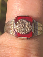 Vintage antique Mexican ring sterling silver biker Mexico City rare unusual eagle Aztec size 8 red stone or glass eagles nest