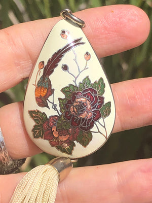 Beautiful Chinese cloisonné enamel puffy pendant 4 necklace with tassels pheasant flowers large Free shipping