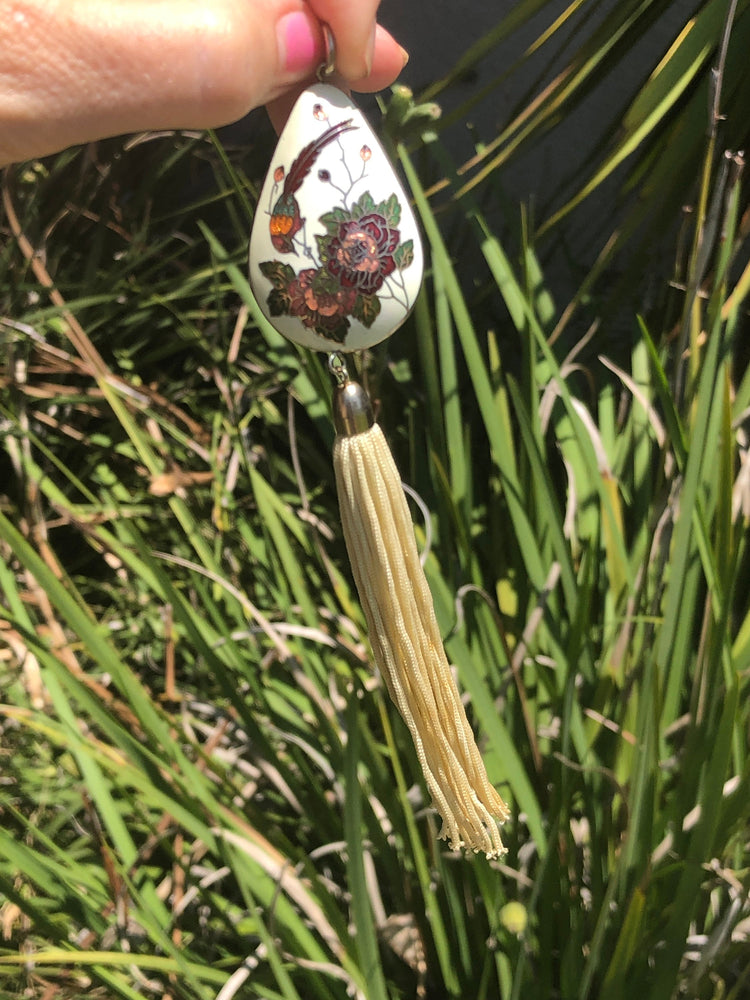 Beautiful Chinese cloisonné enamel puffy pendant 4 necklace with tassels pheasant flowers large Free shipping