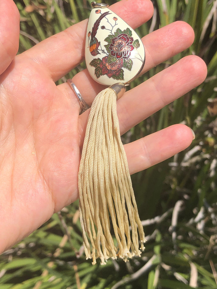 Beautiful Chinese cloisonné enamel puffy pendant 4 necklace with tassels pheasant flowers large Free shipping