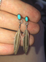 Vintage Native American Indian sterling silver turquoise feather earrings dangling southwestern super cute free shipping!