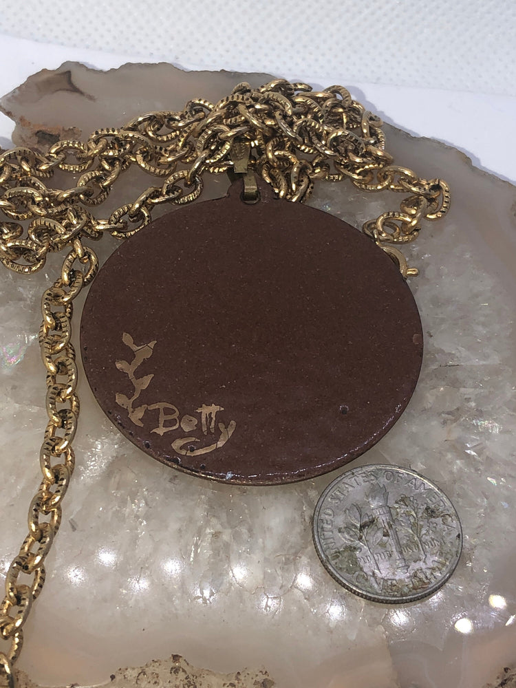 Vintage mid century modern enamel on copper pendant necklace Japanese unique signed Betty
