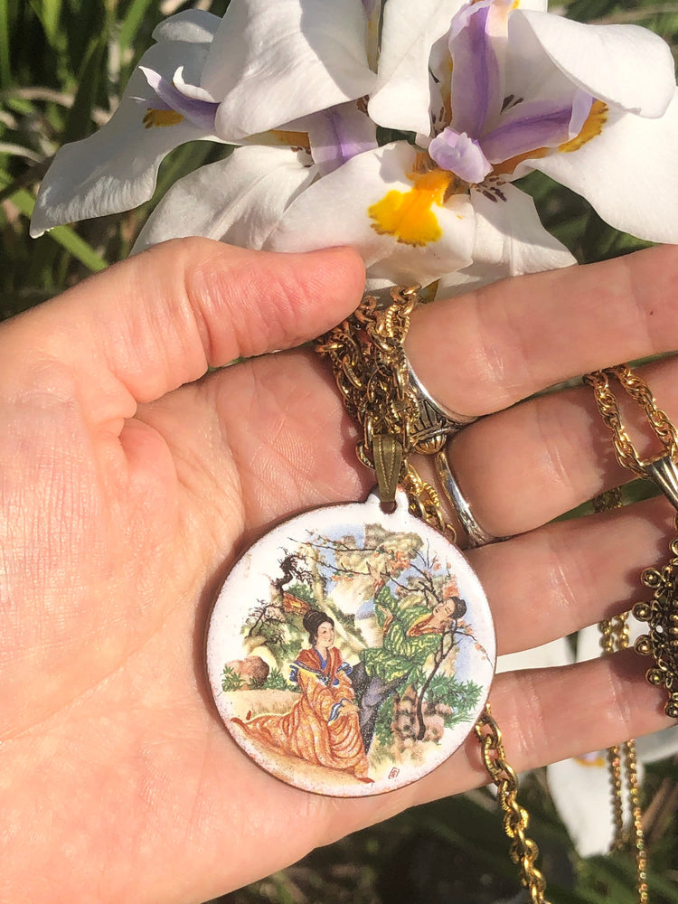 Vintage mid century modern enamel on copper pendant necklace Japanese unique signed Betty