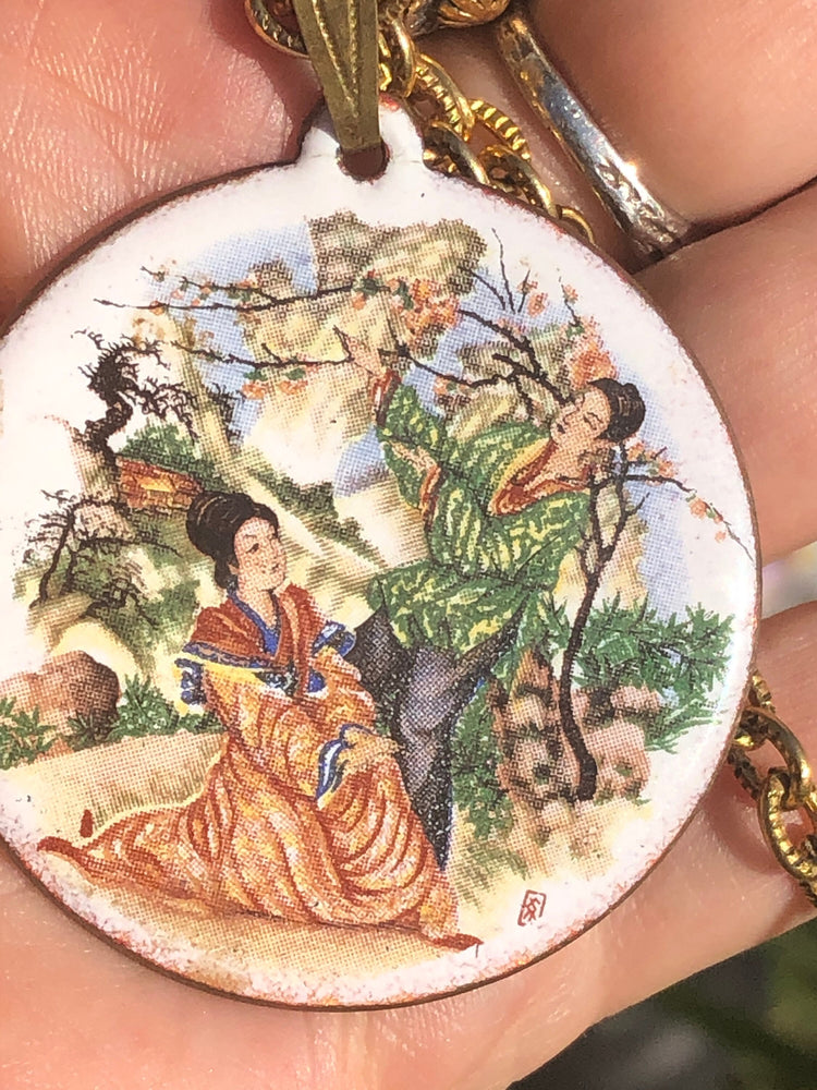Vintage mid century modern enamel on copper pendant necklace Japanese unique signed Betty