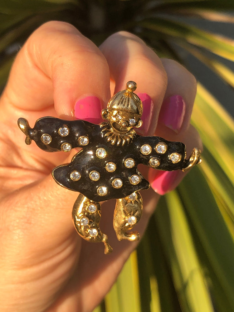 Adorable vintage articulated rhinestones clown black enamel free shipping!!