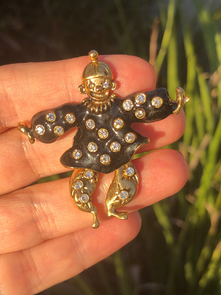 Adorable vintage articulated rhinestones clown black enamel free shipping!!