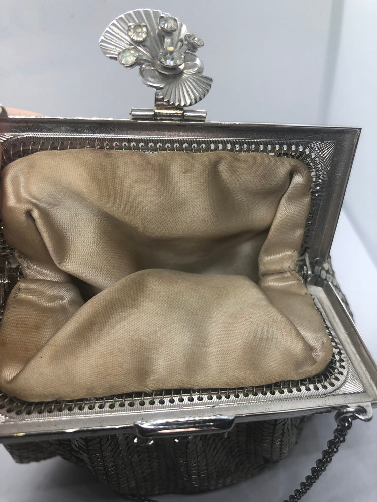 Beautiful antique vintage gold - silver  mesh evening bag Purse clear rhinestones  Art Deco