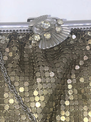 Beautiful antique vintage gold - silver  mesh evening bag Purse clear rhinestones  Art Deco