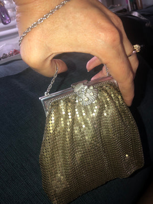 Beautiful antique vintage gold - silver  mesh evening bag Purse clear rhinestones  Art Deco
