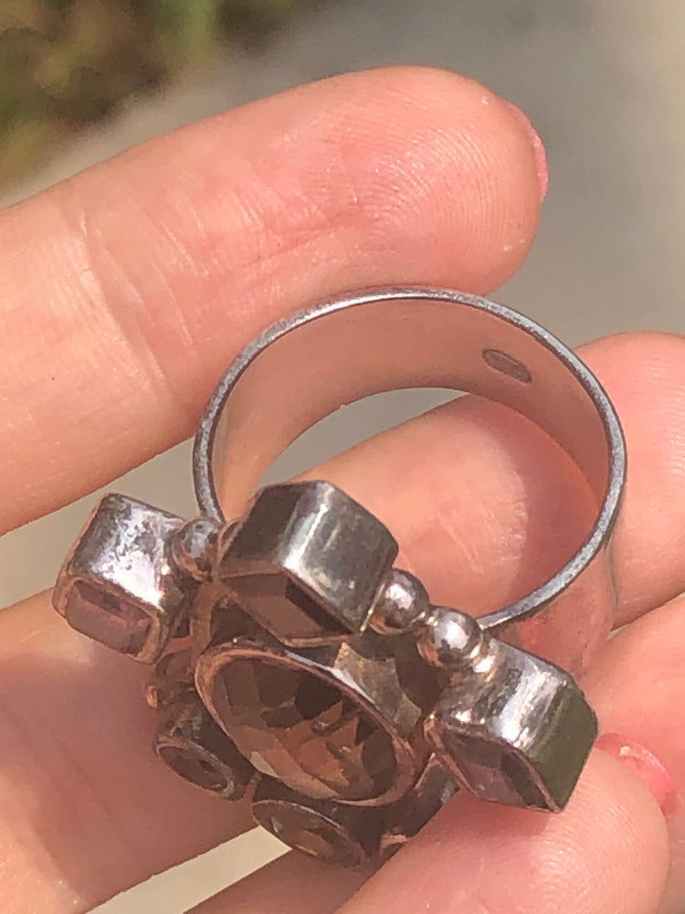 Amazing unique big gemstone ring smoky quartz, amethyst, Garnet citrine. Ring sterling silver 925 Queen/ king  Size 10 Medieval