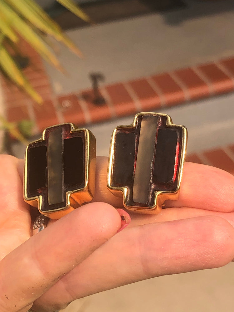 Vintage designer Donna Karan and company DKCo Gold tone glass enamel cross earrings unusual and unique. Cocktail/costume High end clip on