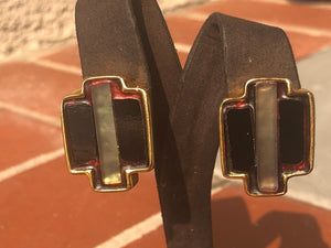 Vintage designer Donna Karan and company DKCo Gold tone glass enamel cross earrings unusual and unique. Cocktail/costume High end clip on