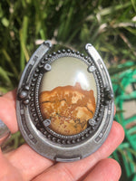 Beautiful vintage western picture jasper gemstone belt buckle horseshoe silver Southwestern