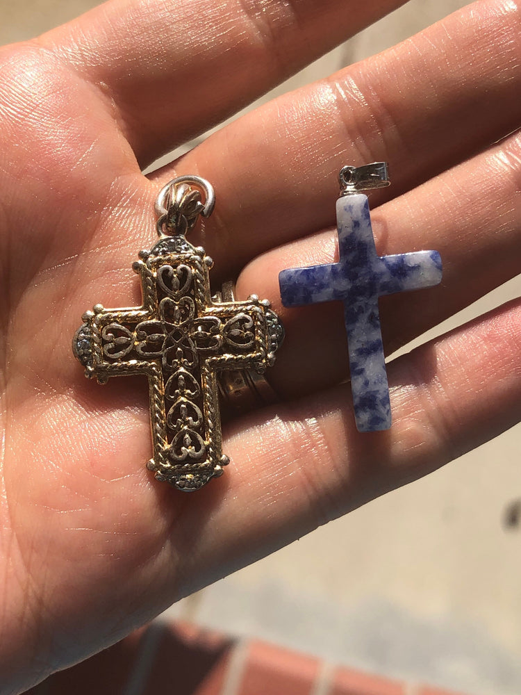 Vintage Lot of 2 crosses crucifixes pendants for necklace sterling silver Gold Vermeil cz 925 sodalite gemstone Free shipping