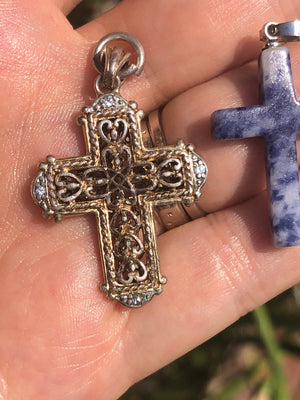 Vintage Lot of 2 crosses crucifixes pendants for necklace sterling silver Gold Vermeil cz 925 sodalite gemstone Free shipping