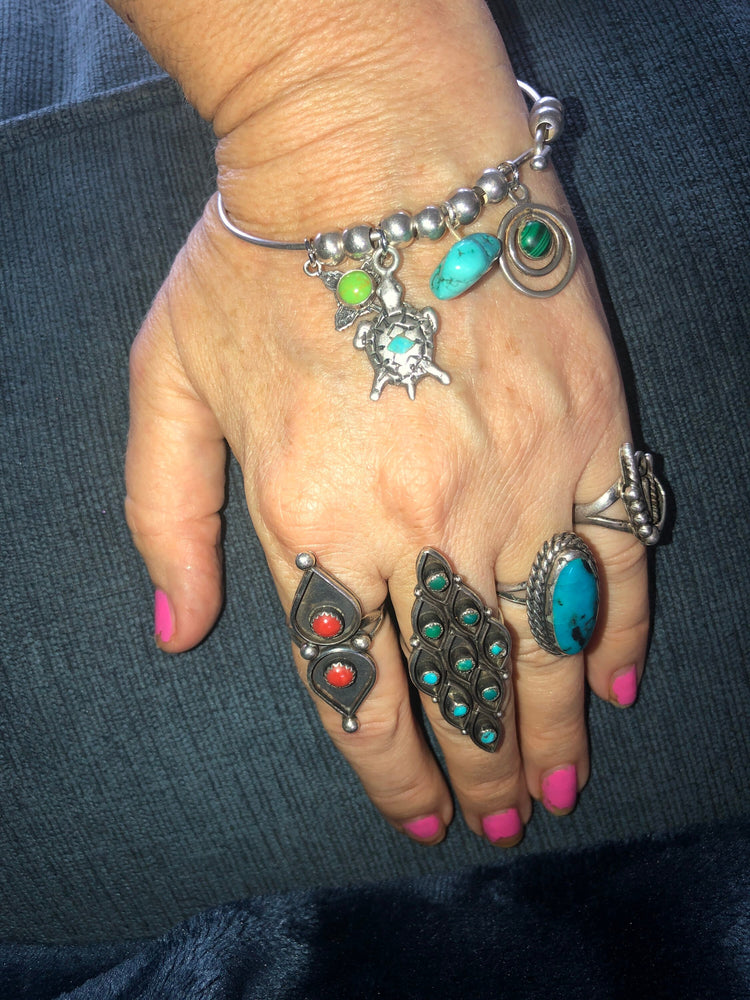 Vintage sterling silver bangle bracelet native American southwestern charms Navajo pearls Zuni turtle turquoise cross malachite