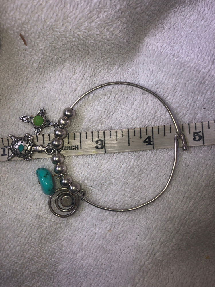 Vintage sterling silver bangle bracelet native American southwestern charms Navajo pearls Zuni turtle turquoise cross malachite
