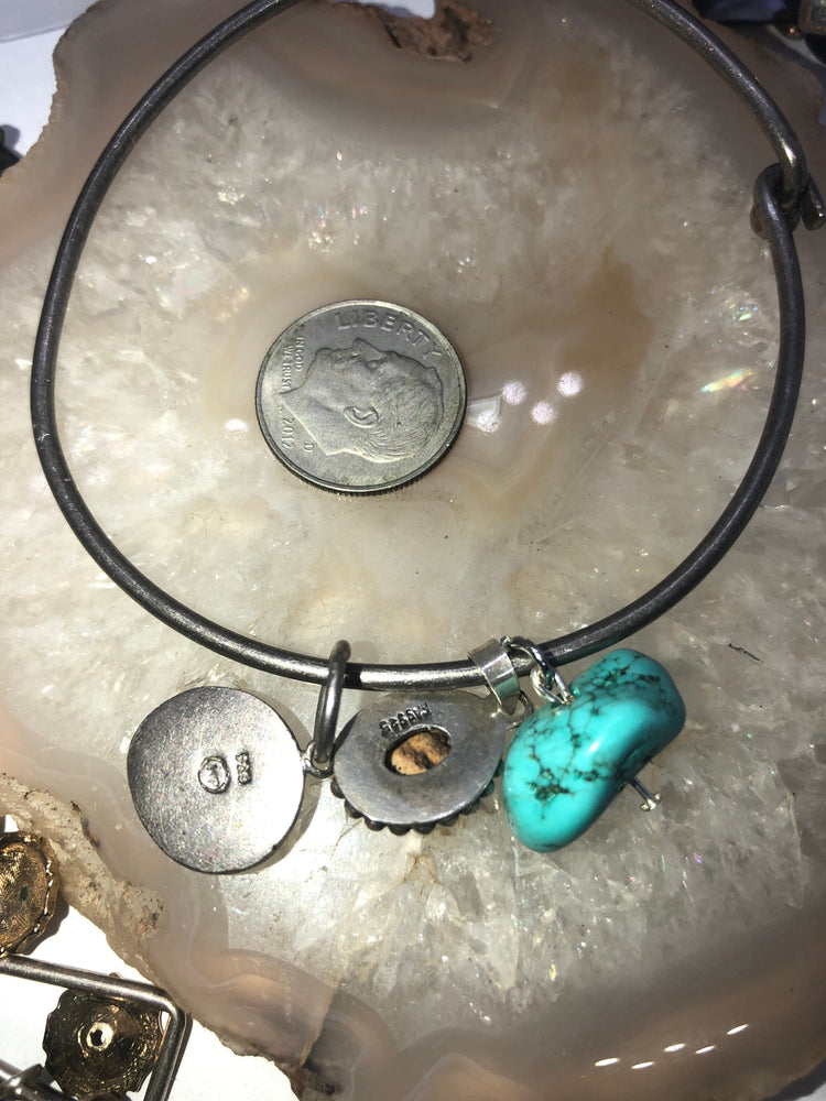 Vintage Sterling Silver Bangle Bracelet Southwestern with Charms Turquoise Mother of Pearl Agate Charms 925