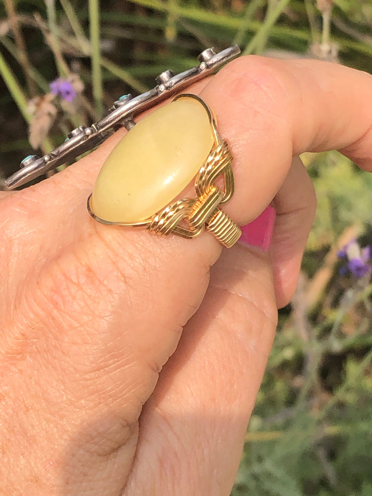 Huge lemon quartz? Gemstone wire wrapped 14kt gold filled ring scarab Egyptian revival size 7