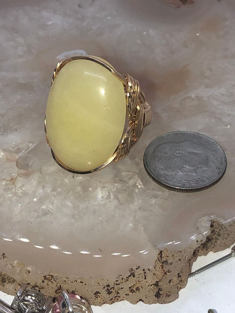 Huge lemon quartz? Gemstone wire wrapped 14kt gold filled ring scarab Egyptian revival size 7