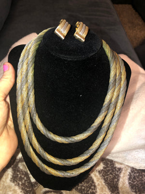 Vintage designer Napier costume thick rope chain necklace and clip on earrings mesh multi tone set cocktail very fine