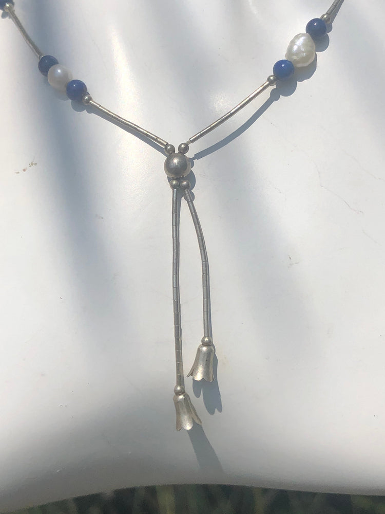 Vintage southwestern liquid sterling silver tassels lapis lazuli pearls Necklace jewelry free shipping!