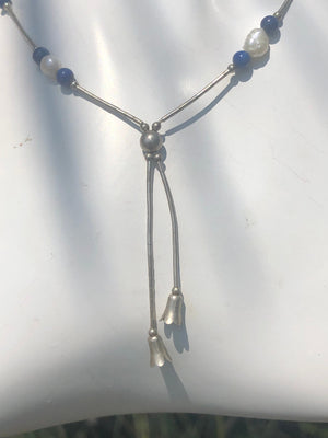 Vintage southwestern liquid sterling silver tassels lapis lazuli pearls Necklace jewelry free shipping!
