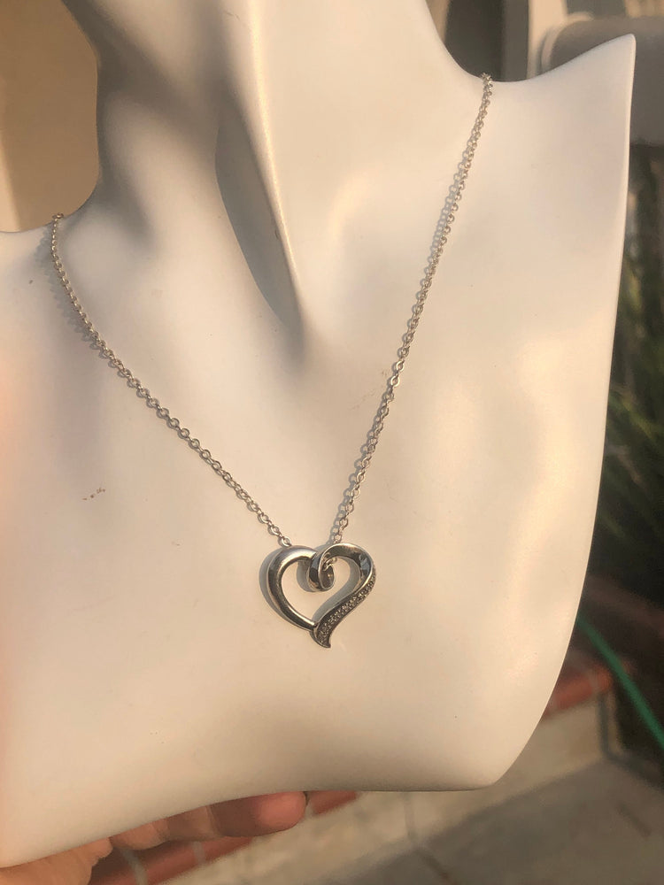 Vintage Beautiful heart sterling silver pendant necklace chain genuine diamonds free shipping!