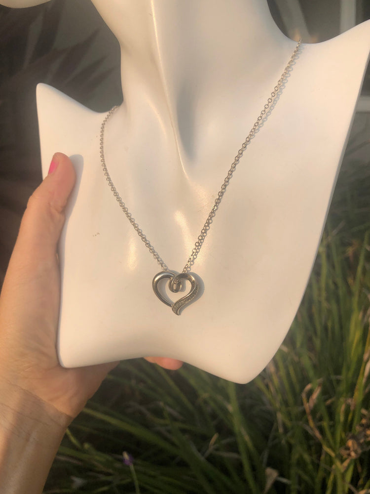 Vintage Beautiful heart sterling silver pendant necklace chain genuine diamonds free shipping!