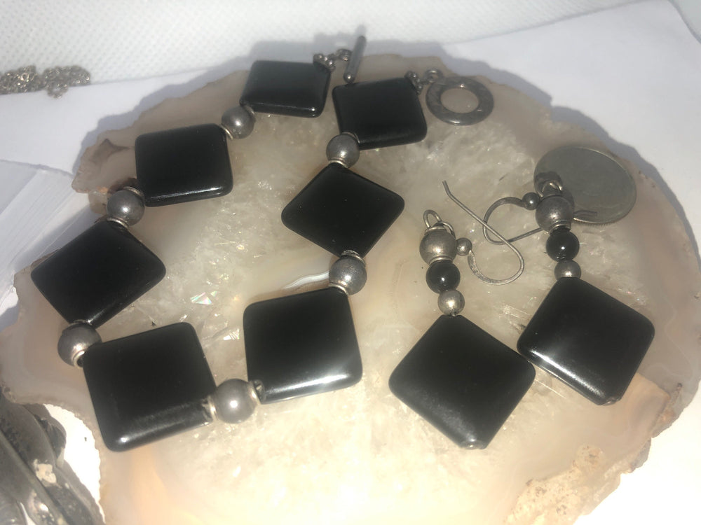Vintage black onyx sterling silver beaded bracelet and earrings set 925