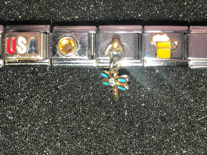 Italian Charms Bracelet Stainless & 18kt Yellow gold Beer mug USA Dragonfly Nominoro Italy Mesh Buckle Bracelet