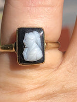 Victorian Black Onyx and Shell Carved Cameo Lady Solid 14 Karat Yellow Gold  14kt  Rectangular Edwardian Antique Size 5