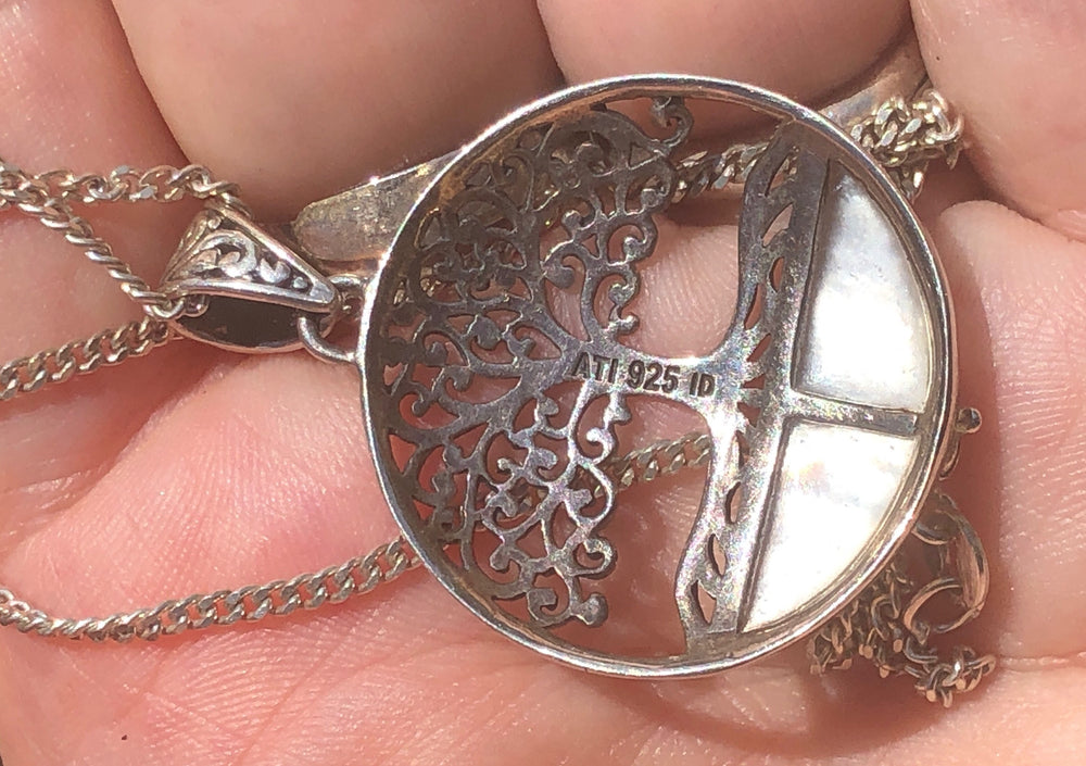 Beautiful Tree Of Life Mother Of Pearl Shell Sterling Silver 925 Pendant Necklace Chain Detailed