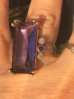 Antique Art Deco Huge Amethyst Art Glass Ring Sterling Silver & Gold with Purple and Clear CZ’s/Rhinestones Size 7