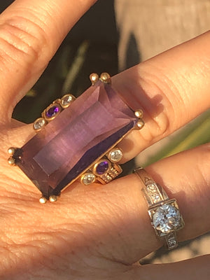 Antique Art Deco Huge Amethyst Art Glass Ring Sterling Silver & Gold with Purple and Clear CZ’s/Rhinestones Size 7