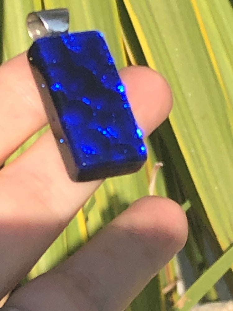 Beautiful Art Glass Pendant Cobalt Blue Sterling Silver Rectangular Modernist 925 Satori