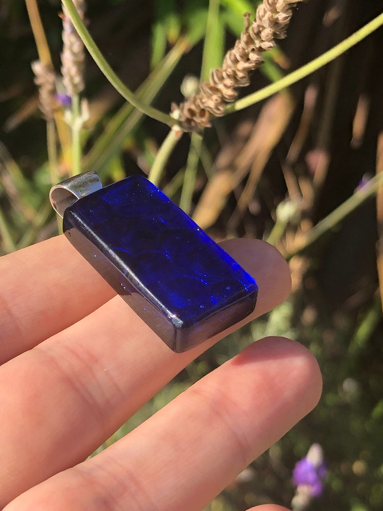 Beautiful Art Glass Pendant Cobalt Blue Sterling Silver Rectangular Modernist 925 Satori
