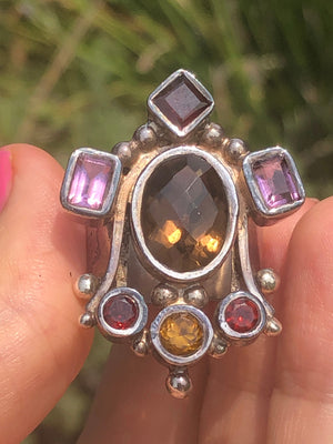 Amazing unique big gemstone ring smoky quartz, amethyst, Garnet citrine. Ring sterling silver 925 Queen/ king  Size 10 Medieval