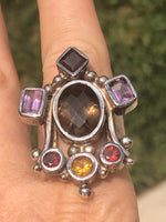 Amazing unique big gemstone ring smoky quartz, amethyst, Garnet citrine. Ring sterling silver 925 Queen/ king  Size 10 Medieval