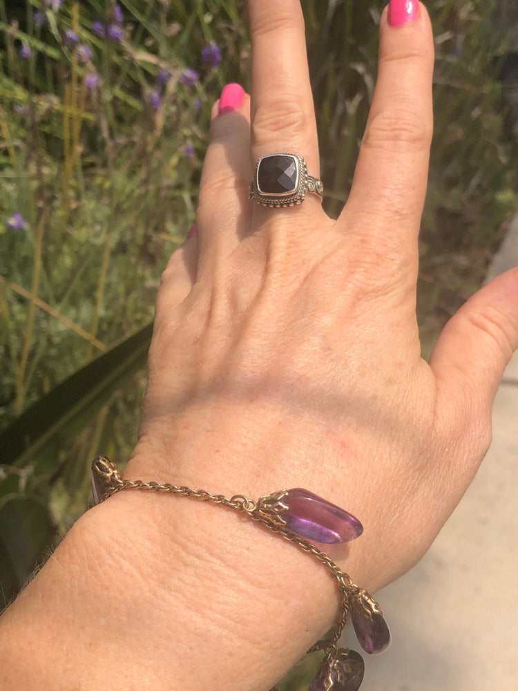 Beautiful large faceted black onyx gemstone ring sterling silver 925 cushion cut. Size 7