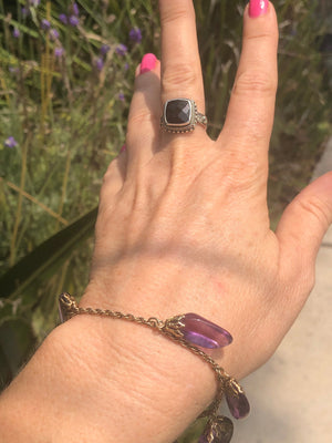 Beautiful large faceted black onyx gemstone ring sterling silver 925 cushion cut. Size 7