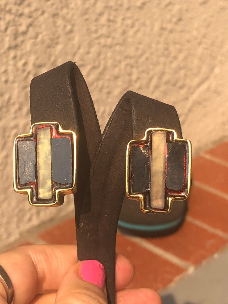 Vintage designer Donna Karan and company DKCo Gold tone glass enamel cross earrings unusual and unique. Cocktail/costume High end clip on