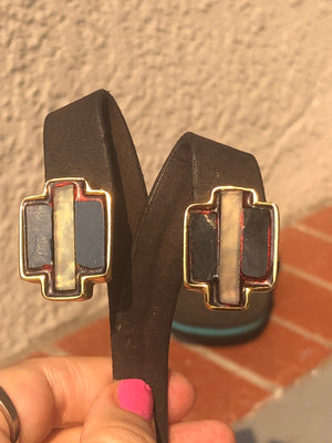 Vintage designer Donna Karan and company DKCo Gold tone glass enamel cross earrings unusual and unique. Cocktail/costume High end clip on